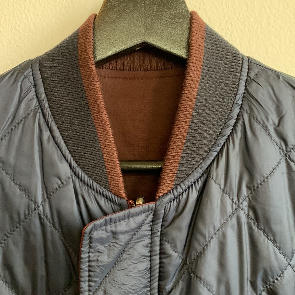NWOT Vince REVERSIBLE 5-pkt Flight Jacket Navy Quilted  and Merlot Patchwork - Picture 7 of 12